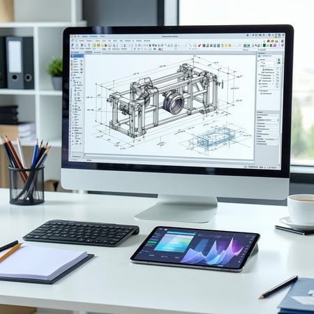 A clean and modern digital illustration showing a mechanical engineer working with DraftSight CAD software on a large desktop screen The screen displays a 2D technical drawing with visible dimensions and layers A tablet nearby shows a 3D model of a m-1