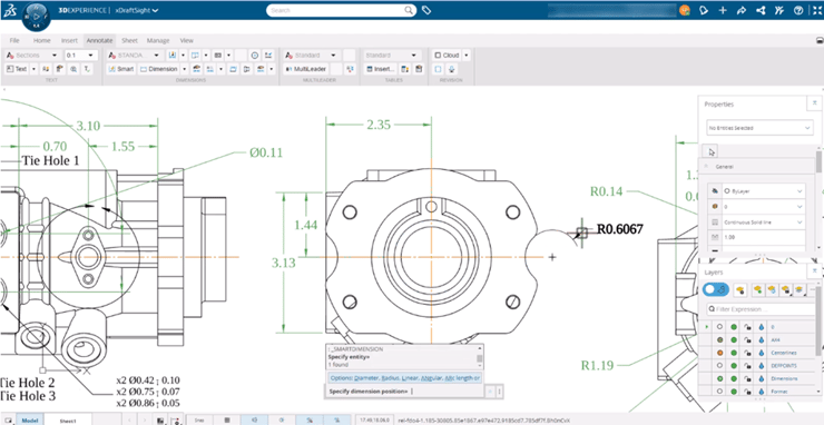 voorbeeld 2D tekening van xDraftSight op het 3DEXPERIENCE Platform voor transitie ook mogelijk