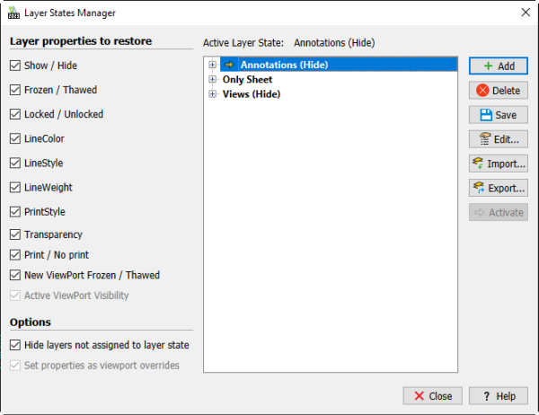 DraftSight Layer States Manager met Layer States